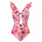 Bahamas Pink Floral Print Ruffle Trim Cut Out Bohemain One Piece Swimsuit